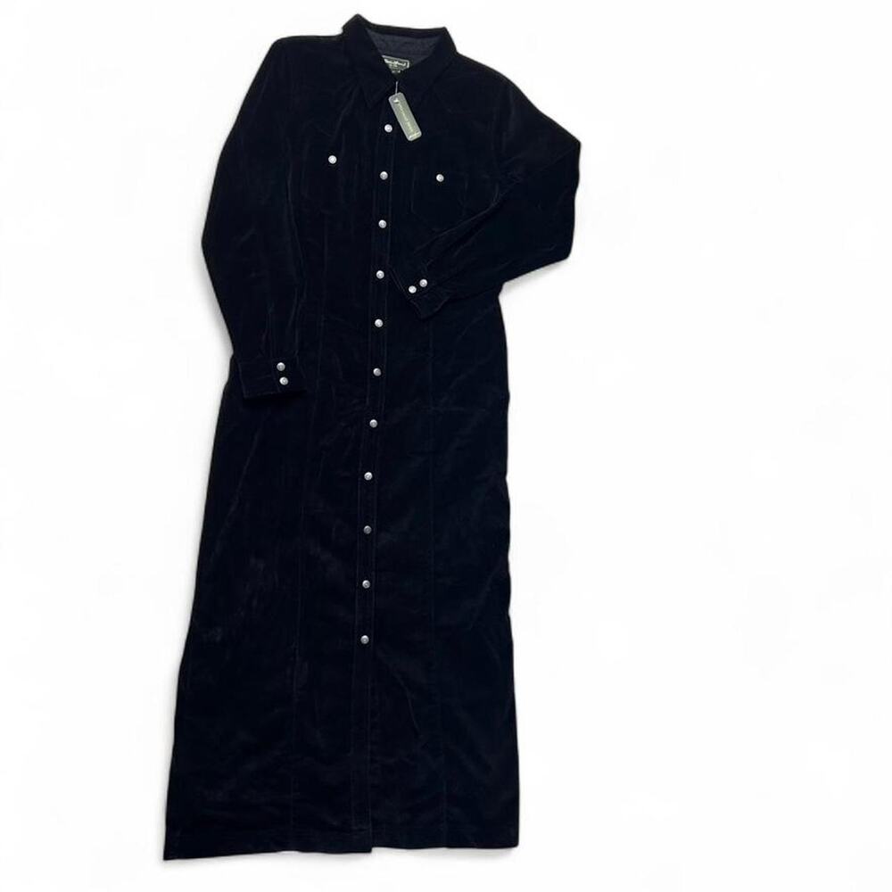 Eddie Bauer Vintage 90s Black Velour Maxi Shirt Dress Long Sleeve Small NWT